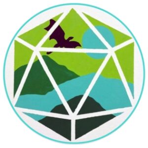 Green and blue dungeons and dragons die with the drawing and island and dragon on it