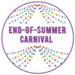 Multi colored flags strung in lines with the words End-Of-Summer Carnival in the middle of them