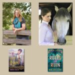 Light skinned blonde in a turquoise scarf leaning against a wooden side of a bridge, and light skinned brunette next to a white skinned horse