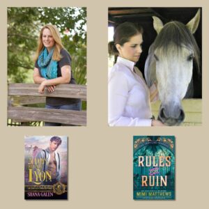 Light skinned blonde in a turquoise scarf leaning against a wooden side of a bridge, and light skinned brunette next to a white skinned horse