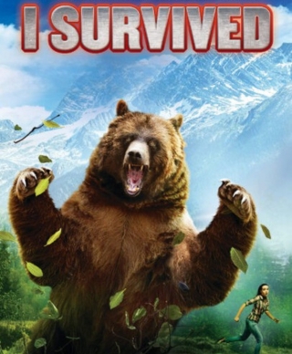 A grizzly attacking with a girl running and the words in grey and red above 'I Survived'