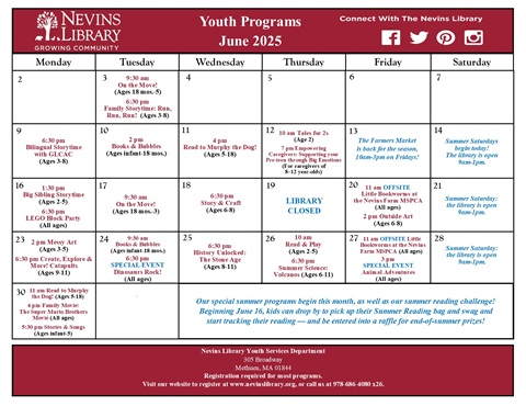 Screencap of June 2025 Youth Programs Calendar
