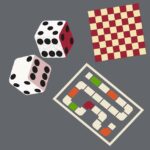 Dice, a red and tan checkered board and a game board on a grey background