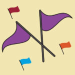 Two big purple flags, and a small red flag, small blue flag, and small orange flag all on a sandy colored background