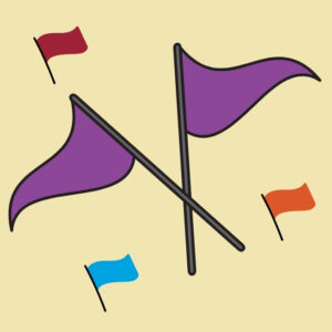 Two big purple flags, and a small red flag, small blue flag, and small orange flag all on a sandy colored background