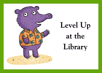 A purple bear like creature in a Hawaii shirt, named Gordon, standing on sand with the words Level Up at the Library