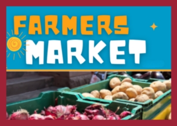 The words farmer's market on a blue background with bins of potatoes and onions below it