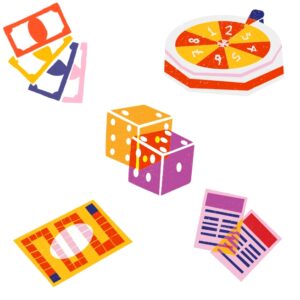 Board game items like dice, trivia cards, spinners, and dice in the colors of purple, orange, blue, and gold