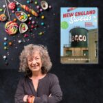 Scattered sweets on a blackboard like surface with the book The History of New England Sweets inset and a grey haired light skinned woman smiling inset also