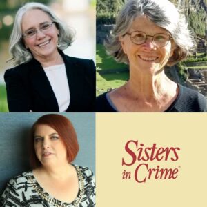 Two grey haired women and a dark red haired woman all looking at the camera and next to the Sisters in Crime logo