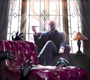 Man sitting in a chair in front of a window with a lamp next to him, and black latex looking hands crawling all over a sofa in front of him