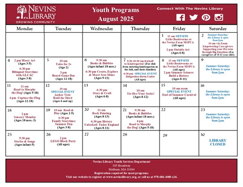 Screencap of August 2025 Youth Programs Calendar
