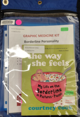 Blue bag with a clear front which a list of books and a colorful book cover in the Borderline Personality kit shows through