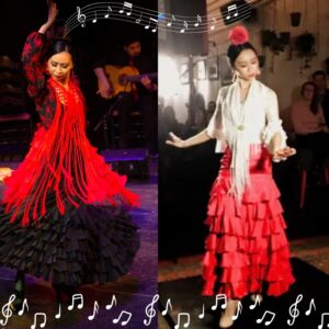 Two women in red dancing flamenco style