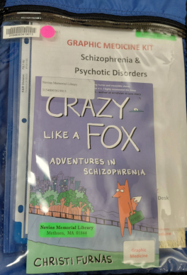 Blue bag with a clear front which a list of books and a colorful book cover in the Schizophrenia & Psychotic Disorders kit shows through