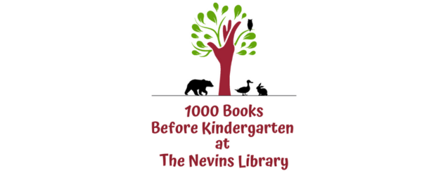 Nevins logo tree with green leaves and animals around it and the books below it 1000 books before kindergarten at the nevins library
