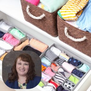Bins of multi colored socks with an inset photo of a brown haired light skinned woman