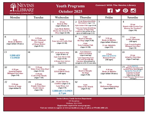 Screencap of October 2025 Youth Programs Calendar