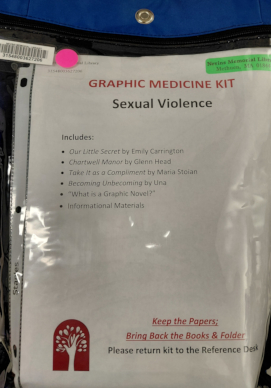 Photo of blue kit bag with the title of the bag, sexual violence, on the front