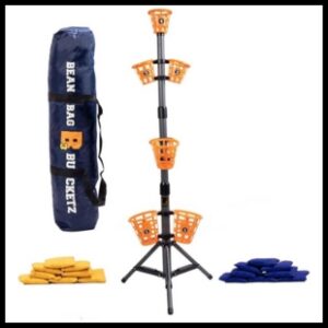 Bean bag bucketz game and piles of yellow and blue ban bags