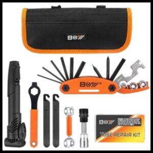 Various Bike Tools and a black and orange bag for them