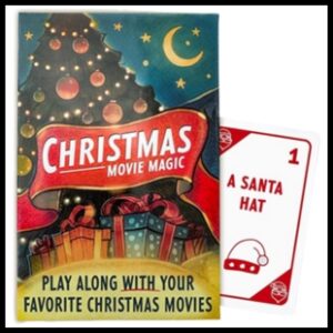 Christmas Movie Magic card game box next to a card that says A Santa Hat