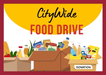 Boxes of differing food and non-perishable items with the words CityWide Food Drive above them