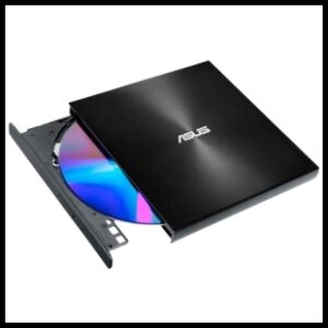 Asus External DVD drive with drawer partially out with a DVD in it