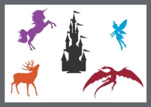 A unicorn, fairy, dragon, hind, and a castle in different colors