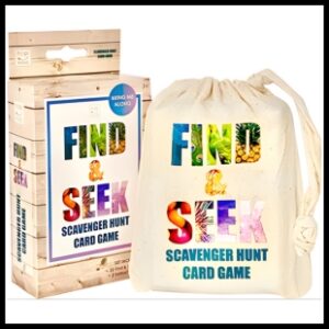 Find and Seek game box next to find and seek game bag