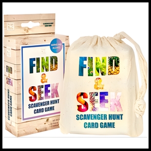 Find and Seek game box next to find and seek game bag