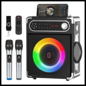Black karaoke machine with rainbow circle in front