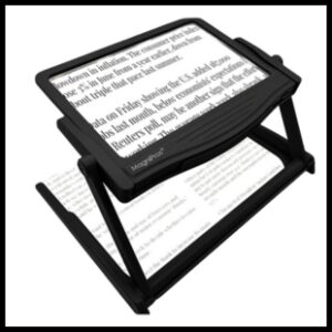 Black stand up magnifier with magnified text on its screen