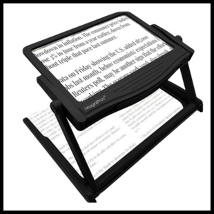 Black stand up magnifier with magnified text on its screen
