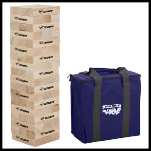 Pile of wood blocks next to a blue square bag