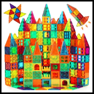 Magnetic building blocks made to look like a castle, rocket, and star