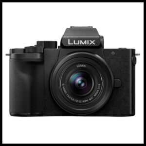 Black digital camera with word Lumix on it