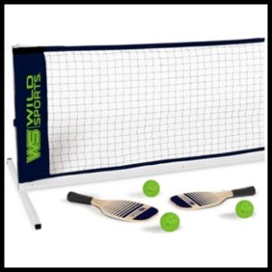 Pickleball net, pickleballs and pickleball rackets