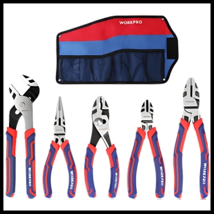 Five red and blue pliers with a red and blue bag