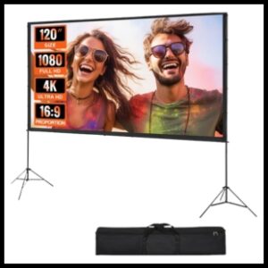 Screen with two light skinned people on it laughing