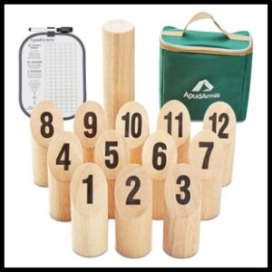Wooden blocks with numbers one through twelve on them and green bag