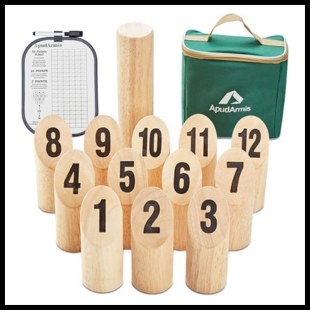 Wooden blocks with numbers one through twelve on them and green bag