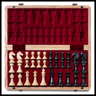 Wooden chess set box and chess pieces