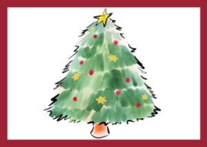 Drawing of Christmas tree with stars and red balls on it.