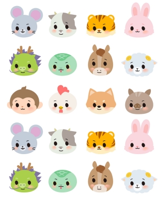 Drawings of cute animal heads in four columns of five animals