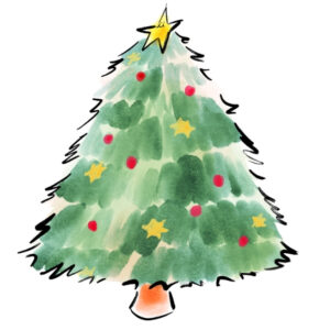 Christmas tree with star on top and star and red ball ornaments