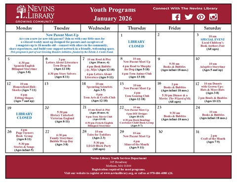 Screencap of January 2026 Youth Programs Calendar