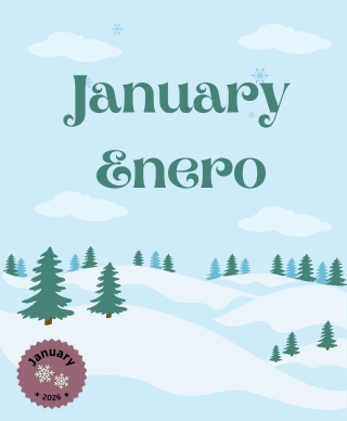 The words January and Enero above a snow covered hill with evergreen trees scattered on it