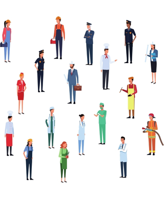 Variety of people in different job uniforms from fireman to cook to doctor to nurse