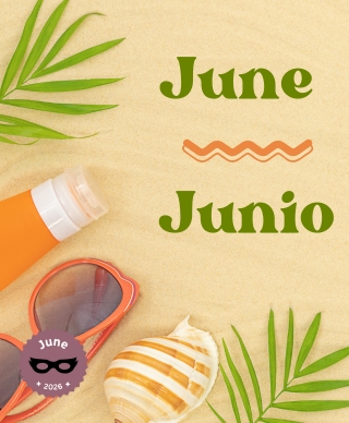 The words June and Junio next to two palm leaves, a tube of sunscreen lotion, orange sunglasses, and an orange and white shell